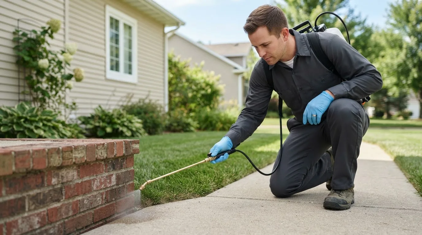 Pest control technician treating a home near Hudson, OH