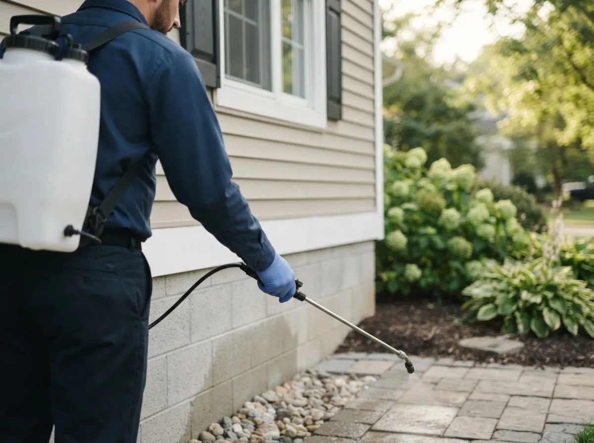 Pest control technician inspecting a home in Hudson, OH